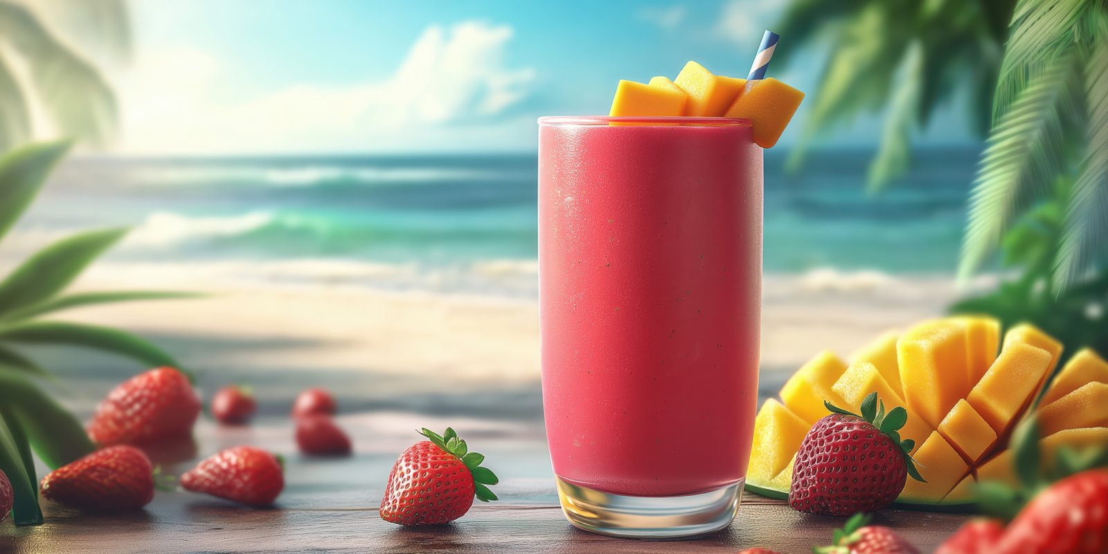 Bright tropical smoothie with strawberries and mango near a serene beach at sunset